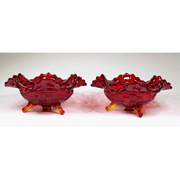Fenton Red Amberina Basketweave Open Edge Candlestick (Set of 2) 1930s Glass - Picture 3 of 6
